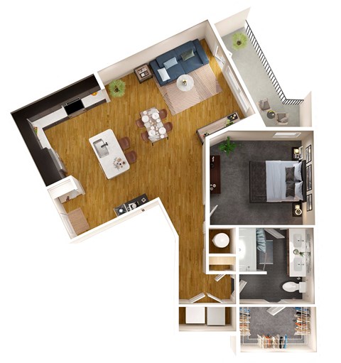 Floor plan for 1 bed, 1 bath, 883 sqft